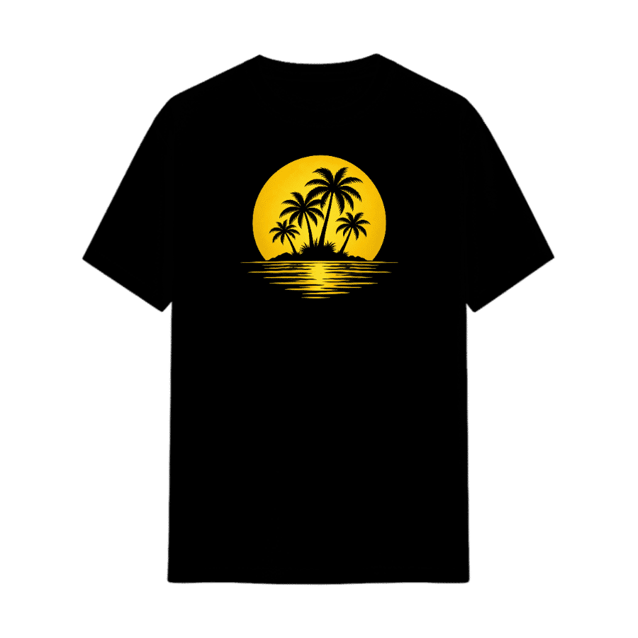 Tropical Sunset Palm Island Tee in Black, front view