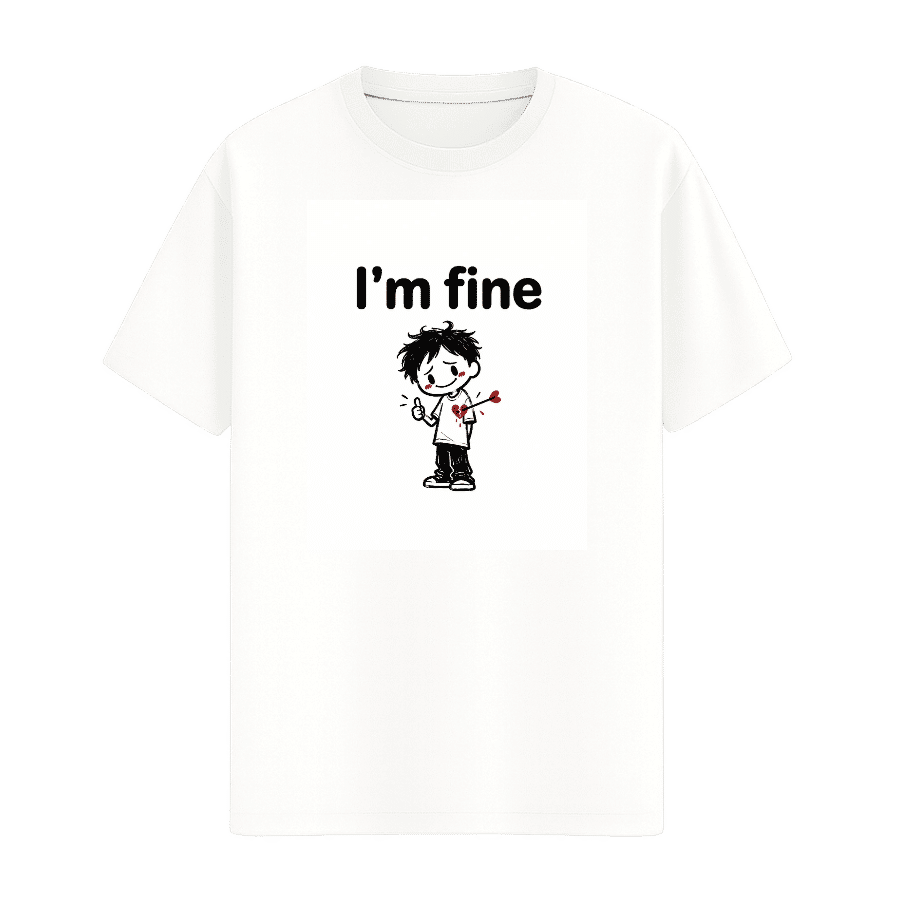 I’m Fine Sarcastic Cartoon Tee in White, front view