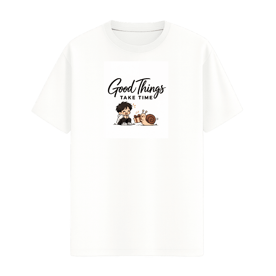 Good Things Take Time Snail Tee in White, front view