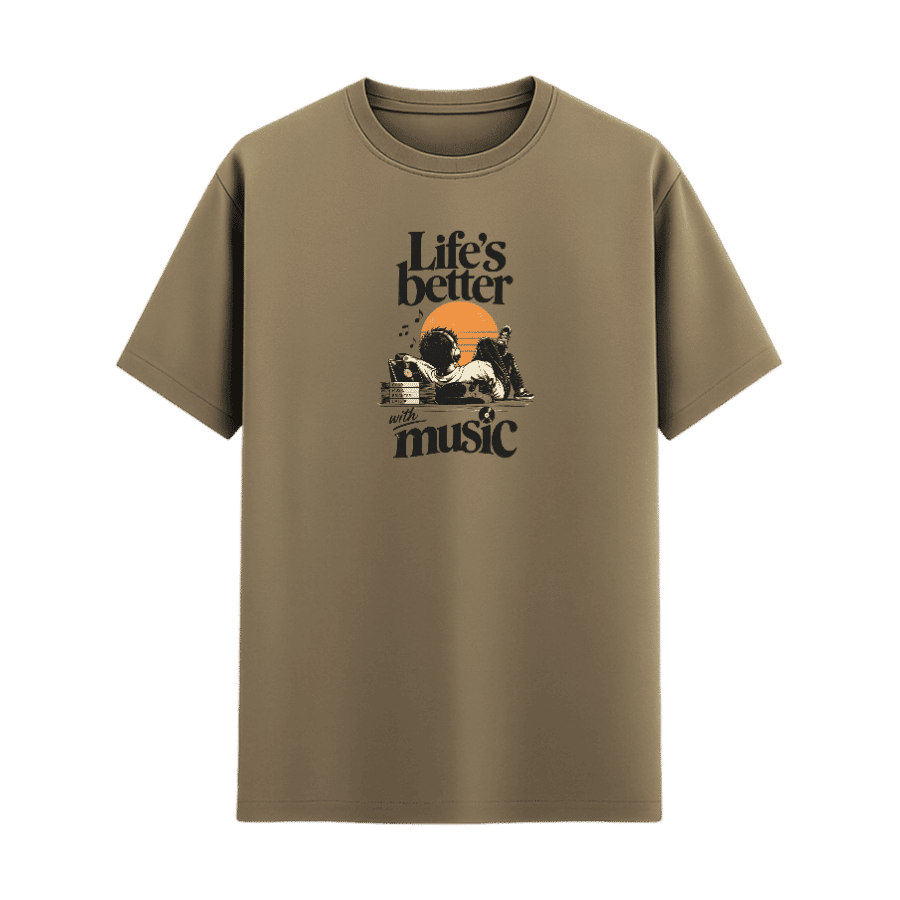 Life’s Better With Music Retro Tee in Beige, front view