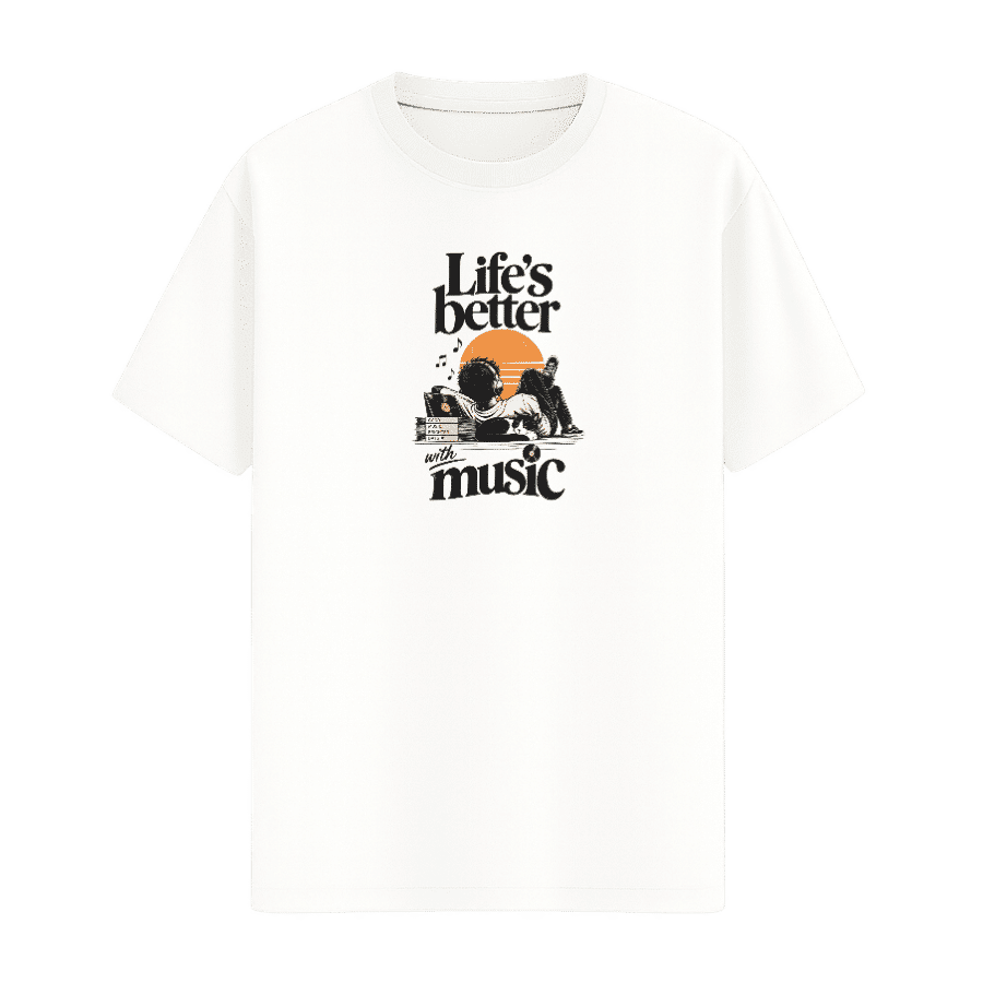 Life’s Better With Music Retro Tee in White, front view