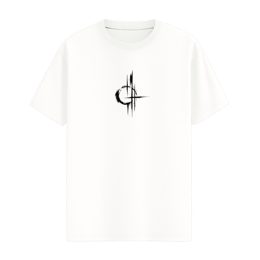 Brushstroke Emblem Minimal Tee in White, front view